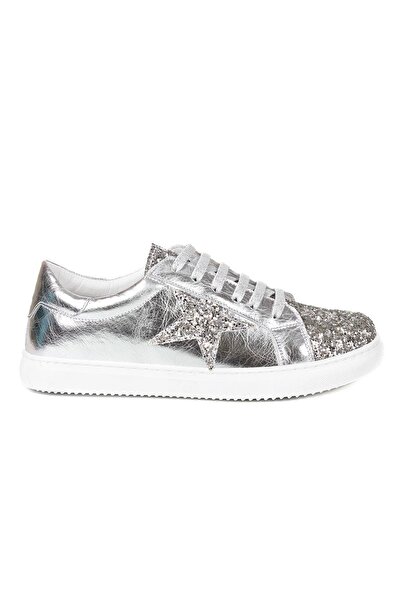 VİVENS MODA Women's Silver Glitter Lace-Up Casual Sneaker Shoes