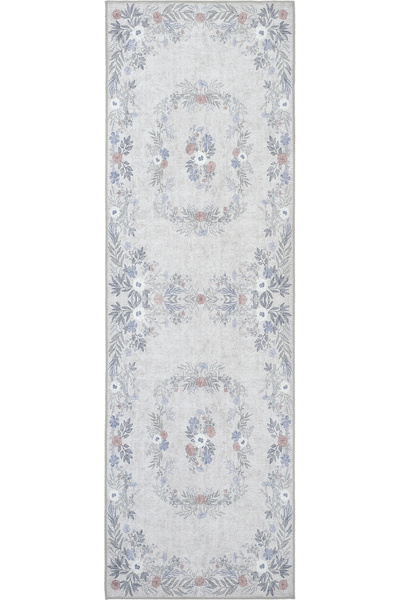 Cool Halı Florence Gri Mavi Çiçekli Otantik Makinada Yıkanır Leke Tutmayan Şö...