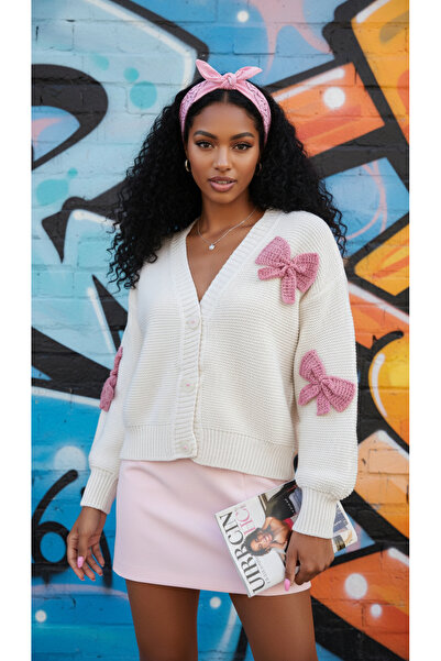 NİLZA Cream Bow Detailed Knitted Buttoned Cardigan