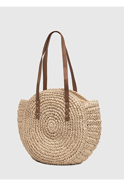 OGGO Geantă de umăr din răchită bej - mâner din piele