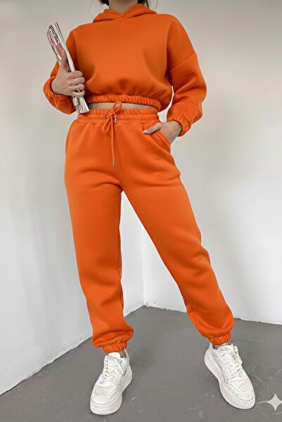 CAST COLLECTİON Women's Orange Short Crop Tracksuit Set