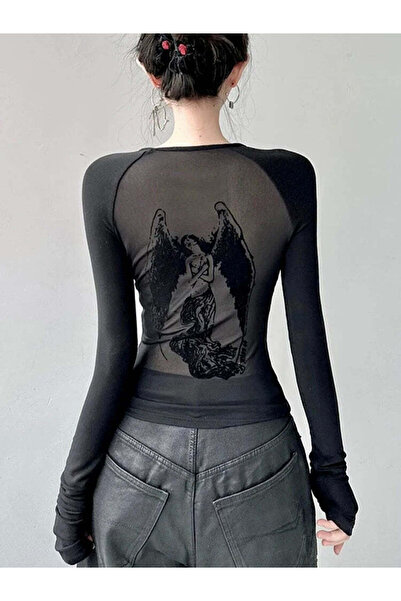 Köstebek Gothic Angel Transparent Back Black Blouse