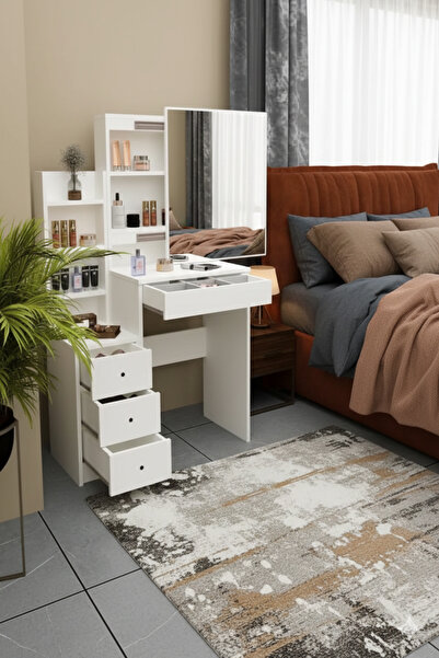 avesta mobilya Beyaz Makyaj Masası 90x156 Cm Çekmeceli, Bölmeli, Aynalı