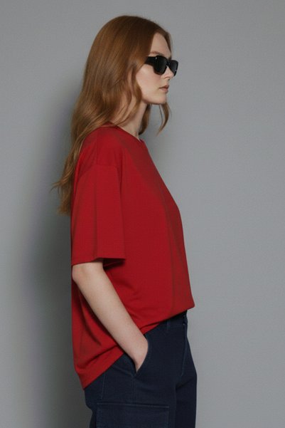 soft&basic Kadın %100 Organik Pamuk Oversize Fit Basic Yuvarlak Yaka T-shirt