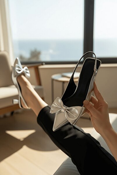 DİVOLYA Pantofi cu toc ascuțit cu fundă argintie diamantată (înălțimea toculu...