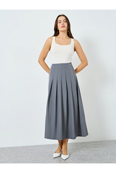 Styli Women Grey Pleated A-Line Maxi Skirt
