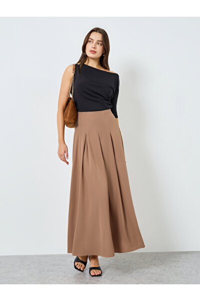 Styli Women Beige Pleated A-Line Maxi Skirt