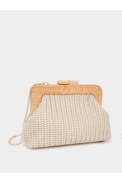 Styli Beige Woven Clutch with Wooden Frame