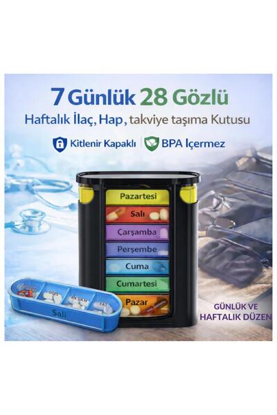 coofbe BPA İçermez Haftalık İlaç Saklama Kutusu 4 Bölmeli 28 Gözlü Kilitli Ka...