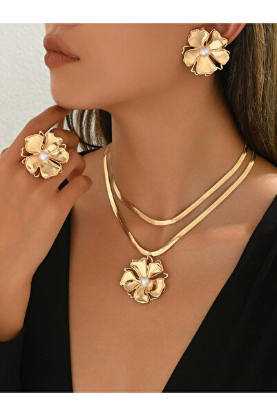 Take Two By Styli Women Gold Floral Ring with Necklace and Earrings Set