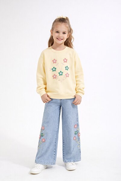 Cansın Mini Κρεμ Κεντητό με λουλούδια Κοριτσίστικο Σετ με Παντελόνι Τζιν 23515