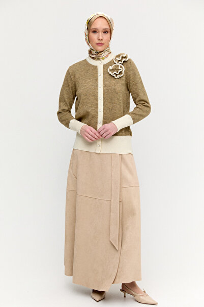 Setrms Çiçek Aplikeli Çift Renkli Süs Düğmeli Triko Bluz