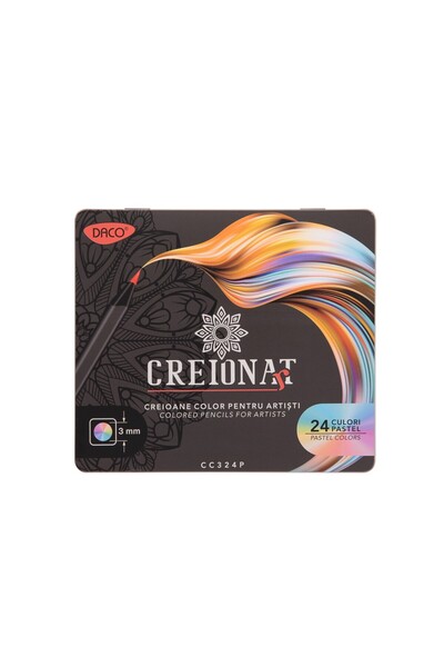 Daco Set Creioane Colorate Pastel Creionat 24 Culori, Cutie Metalica, Mina 3 mm