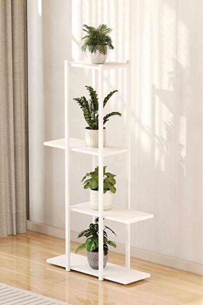 WOODENSA Dekoratif 4 Raflı Metal Çiçeklik Saksı Standı Saksılık Beyaz