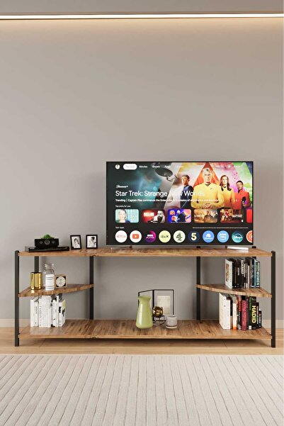 WOODENSA Tv Sehpası 2 Raflı Tv Ünitesi Metal Kitaplıklı Televizyon Sehpası