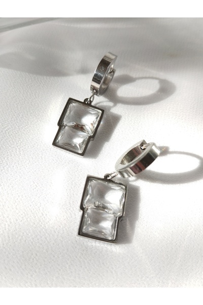 Rasa Rasha Design Modern Minimalist Steel Hoop Earrings - Crystal Elegance