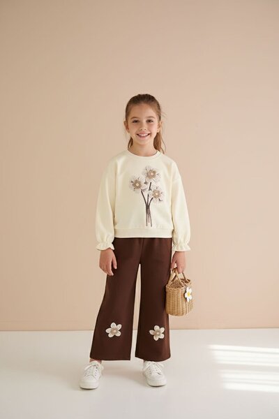 Cansın Mini Κρεμ Κεντητό με λουλούδια Κοριτσίστικο Σετ 2 τεμαχίων με Παντελόν...