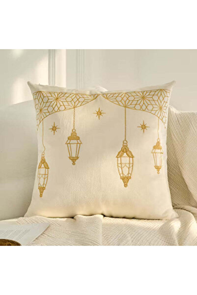 BYFT غطاء وسادة مخملي مطرز بنمط رمضان | تصميم بوهيمي مع فانوس على شكل قمر ونج...