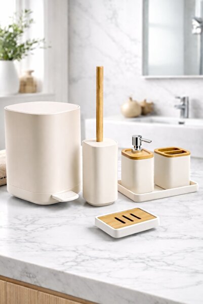 Evsun Home Collection Bamboo Bathroom Set Square 6 Pieces (6.5Lt Automatic Pu...