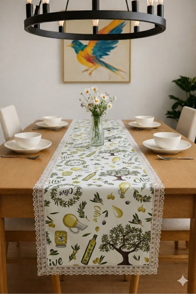 Rona Home Olive Branch Patterned Runner Tablecloth with Lace Edge Kitchen Liv...