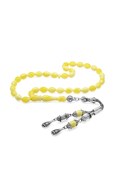 Tesbihane سبحة بيروت كهربيار - مخمل أصفر وأبيض - طول المعصم - قطع كسر