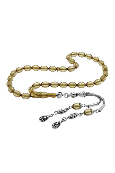 Tesbihane Fire Amber Prayer Beads - Non-Tarnish Metal with Tassel - Transpare...