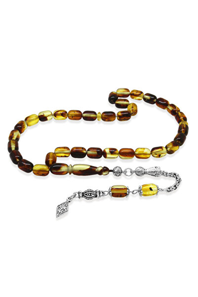 Tesbihane Fosilli Beyrut Kehribar Tesbih - Kararmaz Metal Püsküllü - Sarı Siy...