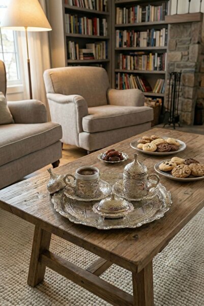 ArnaBella طقم فناجين قهوة تركية من الفضة المصبوبة من سارمايك لشخصين مع صينية ...