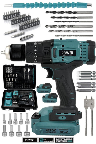 POWER BLACK Profesyonel 21V Çift Akülü 13 mm kömürlü Darbeli Şarjlı Matkap Ak...