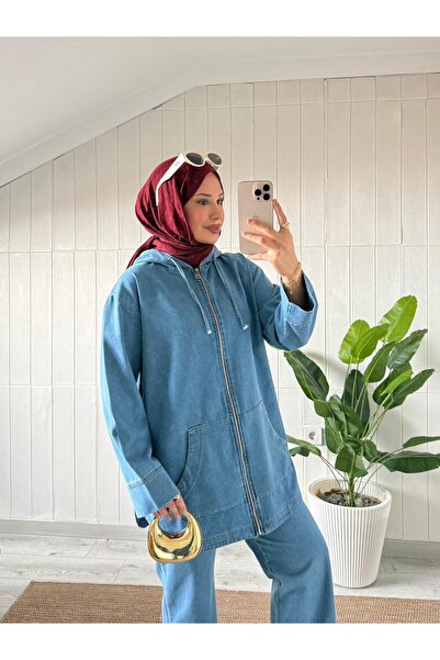 MİREL BUTİK Elit Kadın Kapüşonlu Cepli Kot Denim Tunik Pantolon Takım