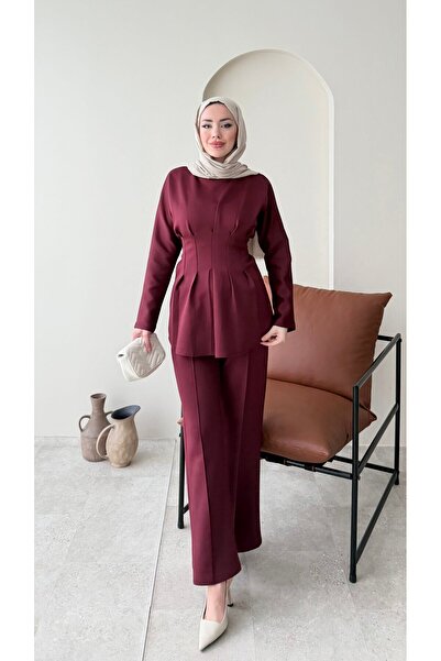Miraydın Butik Scuba Suit with Tied Waist Trousers – Burgundy