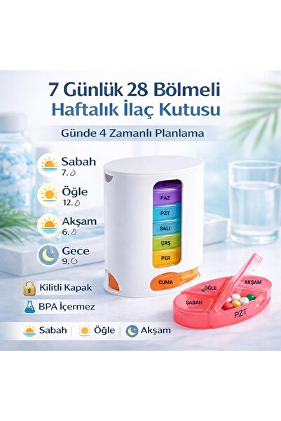 coofbe Haftalık İlaç Saklama Kutusu 4 Bölmeli 28 Gözlü Kilitli Kapaklı Hap İl...