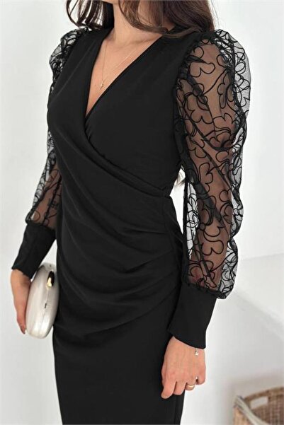 Dipmoda Kadın midi boy siyah kolu tül detaylı bel drapeli örme elbise DPK4375