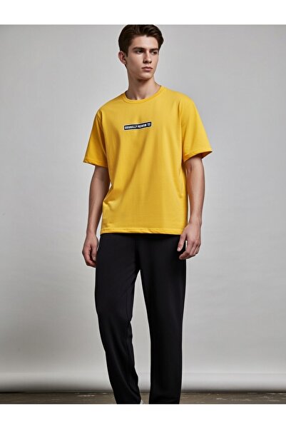 PİJART Σετ ανδρικής πιτζάμα με κοντό μανίκι σε μπλε-κίτρινο χρώμα