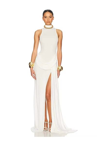 theanemos Yırtmaç Detaylı Halter Yaka Beyaz Elbise