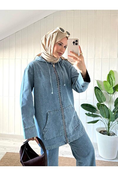 MİREL BUTİK طقم بنطلون تونيك من قماش الدنيم مكون من بغطاء رأس جيوب للسيدات من...