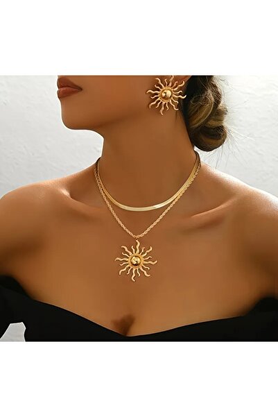 Visale Store Sun Model Necklace Earring Set with Two Chains Gold Gold Color Set