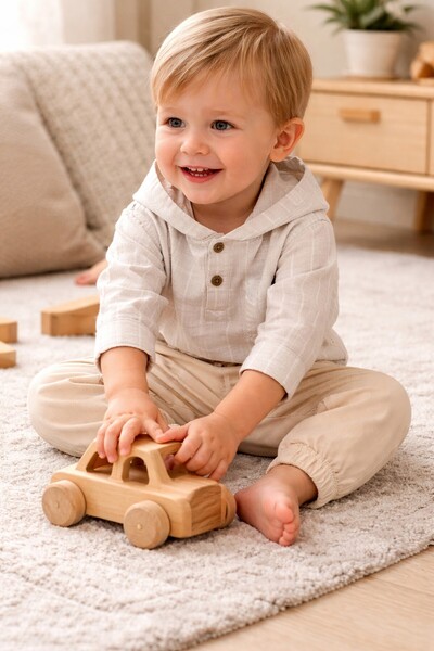 Babyhola Muslin Fabric Hooded Top and Pants Baby Boy Two-Piece Set 2219