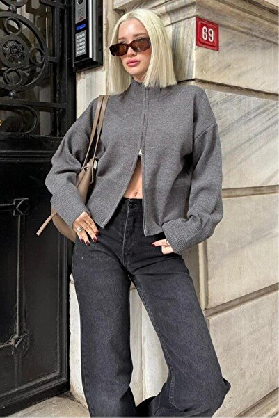 Seeh Anthracite Double Zipper Mock Neck Women's Knitwear Cardigan Sh348