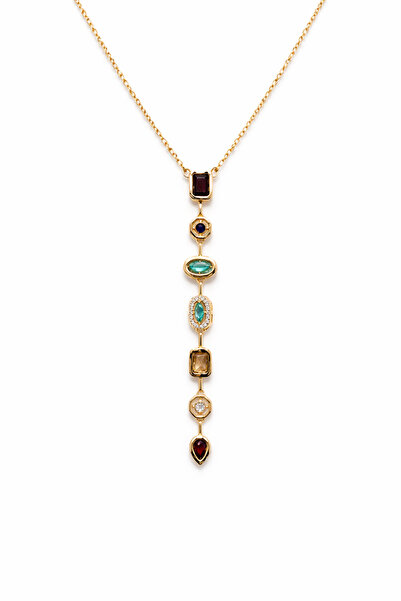 Tasarım Kadın- Çok Taşlı Geometrik Detaylı Gold Renk Uzun Y Model Kolye- Kara...