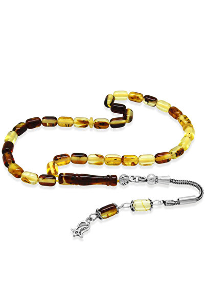 Tesbihane Fosilli Beyrut Kehribar Tesbih - 925 Ayar Gümüş Püsküllü - Mini Boy...