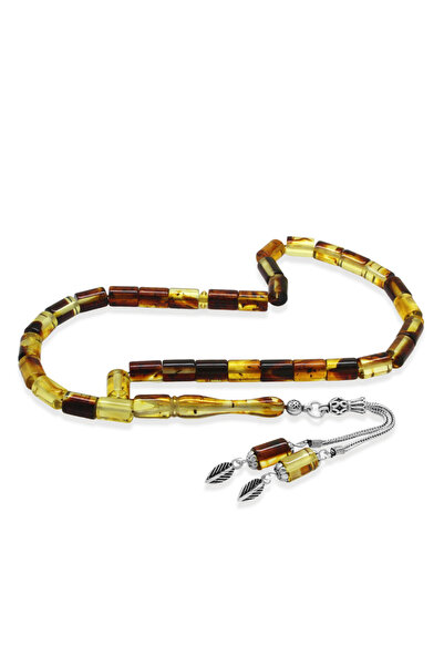 Tesbihane Fosilli Beyrut Kehribar Tesbih - 925 Ayar Gümüş Püsküllü - Sarı Siy...