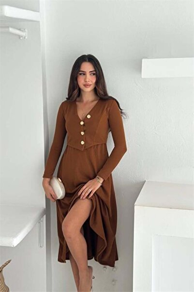 Dipmoda Women's Button Detailed Brown V-Neck Low-Cut Waist Midi Length Dress ...