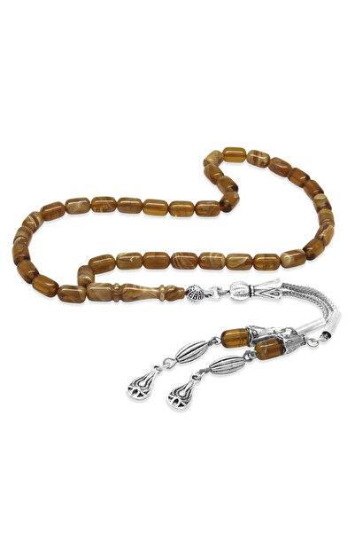 Tesbihane Ateş Kehribar Tesbih - Metal Damla Püsküllü - Bal Rengi Ebruli Renk...