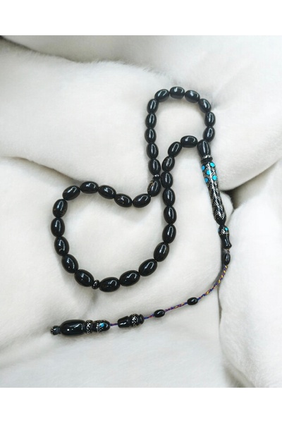 İnan Tesbih Black Natural Coral (Yusur) Silver Inlaid Prayer Beads