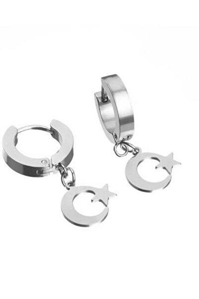 sarıyer silver Turkish Flag Steel Earrings Hoop Moon Star Jewelry Accessory D...