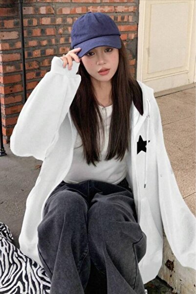CAST COLLECTİON Women's Gray Star Printed Hooded Jacket