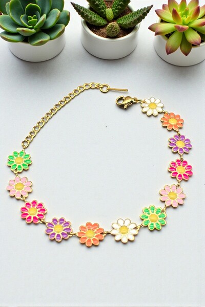 NBS Beautiful Naturel Stones Papatya Çelik Bileklik Renkli Kararmaz Paslanmaz