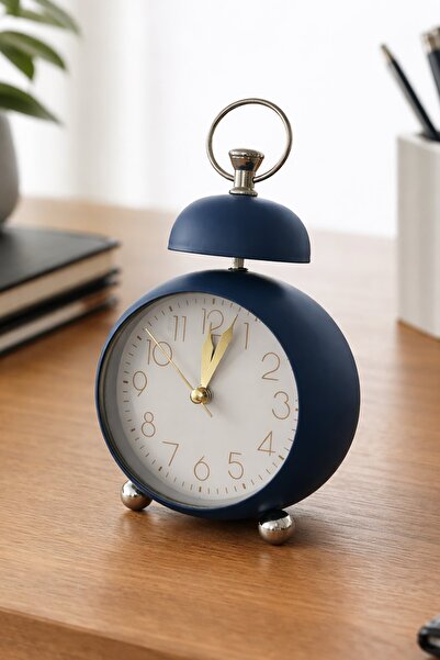 TAKIŞTIR Lacivert Renk Mini Dekoratif Işıklı Alarmlı Yuvarlak Masa Saati