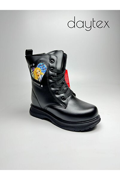 Daytex Girl's Princess Patterned Lace-Up Boots – Black & Black-Lilac Color Op...